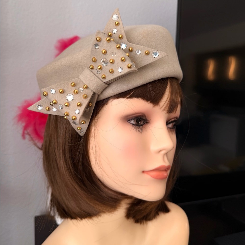 Adolfo II Tan Wool Pillbox Hat with Studded Bow